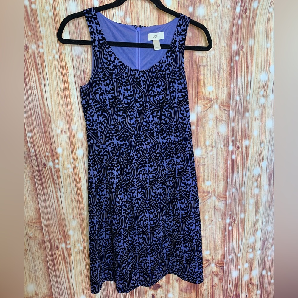 Loft Size 0 Purple with Black Embossed Velvet Scrolling Party Dress.